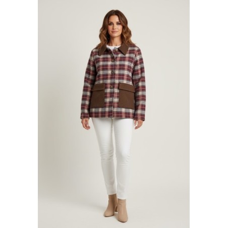 Veste femme à carreaux bordeaux avec col et poches en velours côtelé – Style vintage chic