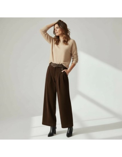 Pantalon Large en Velours Chocolat pour Femme – Taille Haute, Chic & Élégant
