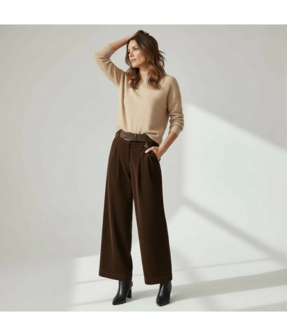 Pantalon Large en Velours Chocolat pour Femme – Taille Haute, Chic & Élégant