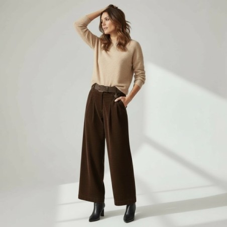 Pantalon Large en Velours Chocolat pour Femme – Taille Haute, Chic & Élégant