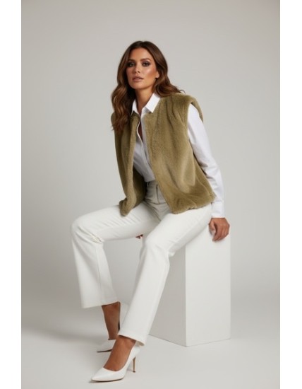 Veste sans manche femme kaki Fausse Fourrure
