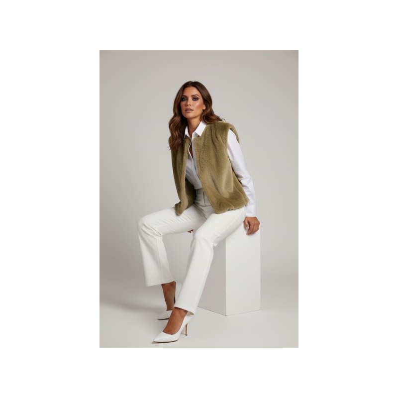 Veste sans manche kaki pour femme fausse fourrure Veste sans manche kaki pour femme fausse fourrure