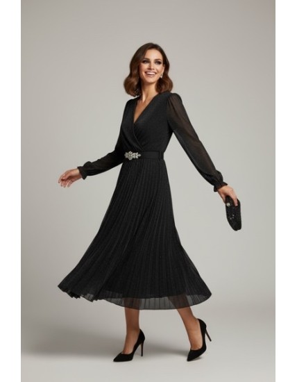 Robe Noire Plissée Pailletée – Élégante Robe de Soirée Midi