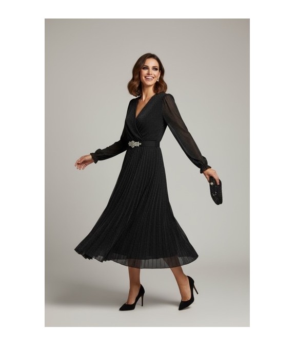 Robe Noire Plissée Pailletée – Élégante Robe de Soirée Midi