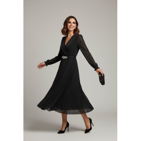 Robe Noire Plissée Pailletée – Élégante Robe de Soirée Midi
