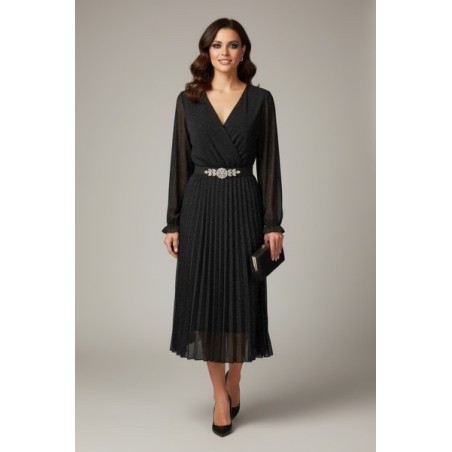 Robe Noire Plissée Pailletée – Élégante Robe de Soirée Midi