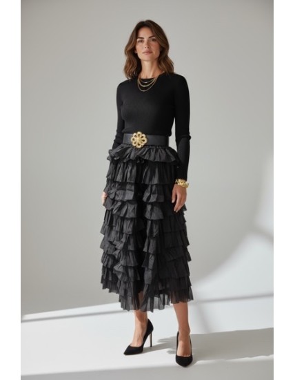 Robe noire élégante à volants – Robe midi chic manches longues femme