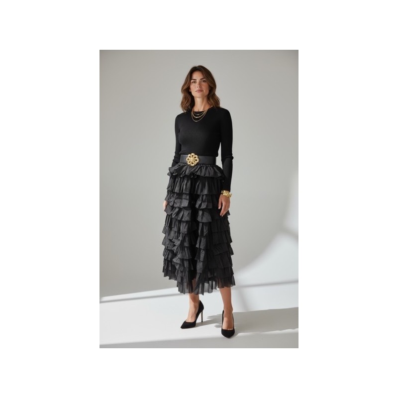 Robe noire midi à volants superposés Robe noire midi à volants superposés