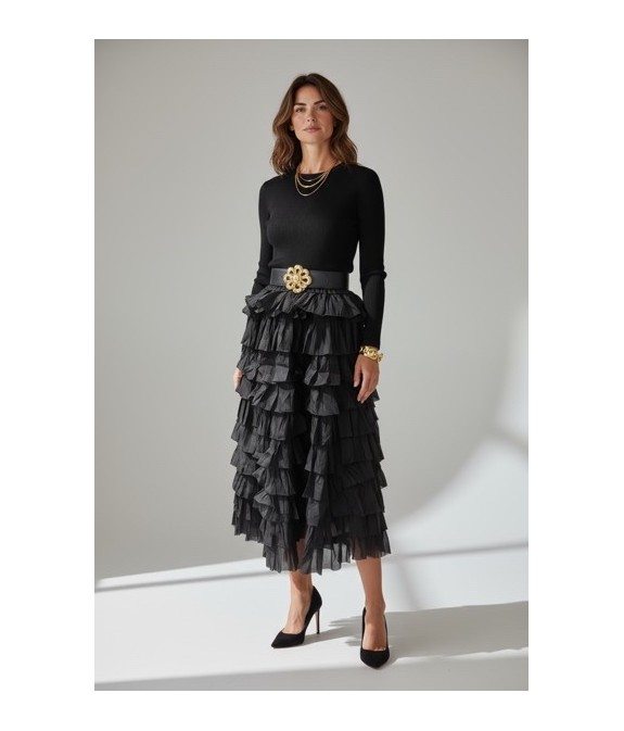 Robe noire élégante à volants – Robe midi chic manches longues femme