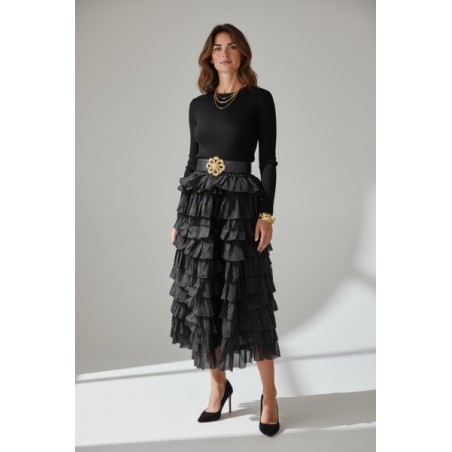 Robe noire élégante à volants – Robe midi chic manches longues femme