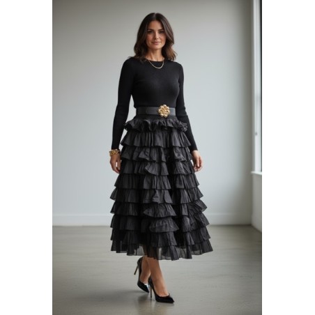 Robe noire élégante à volants – Robe midi chic manches longues femme