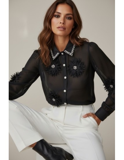 Chemisier Noir Transparent Femme – Broderies Florales & Perles – Élégance Chic