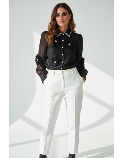 Chemisier femme noir transparent avec broderies florales et perles