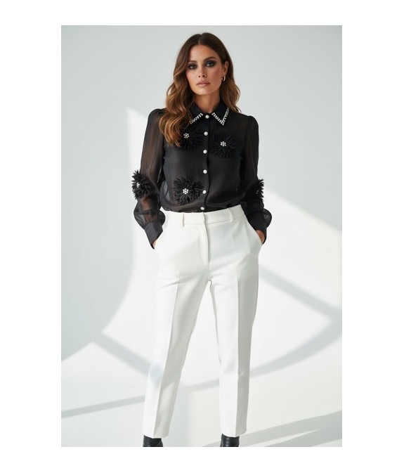 Chemisier femme noir transparent avec broderies florales et perles