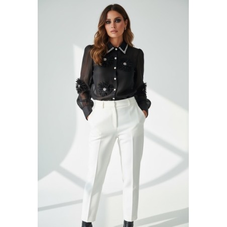 Chemisier Noir Transparent Femme – Broderies Florales & Perles – Élégance Chic