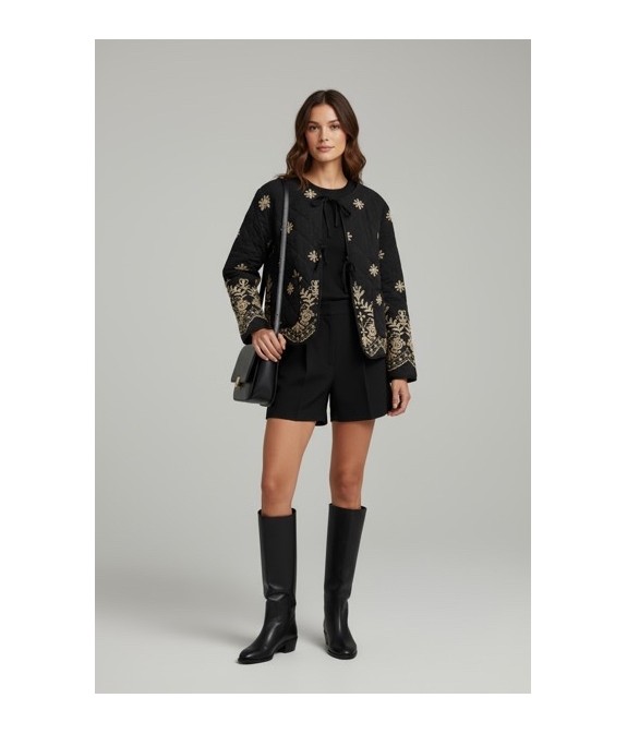 Veste matelassée brodée femme – Veste chic noire avec broderies dorées