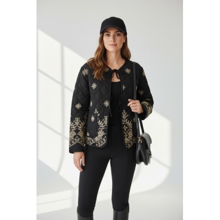 Veste matelassée brodée femme – Veste chic noire avec broderies dorées