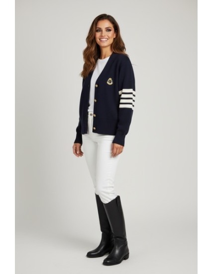 Gilet femme bleu marine – Cardigan chic avec écusson brodé