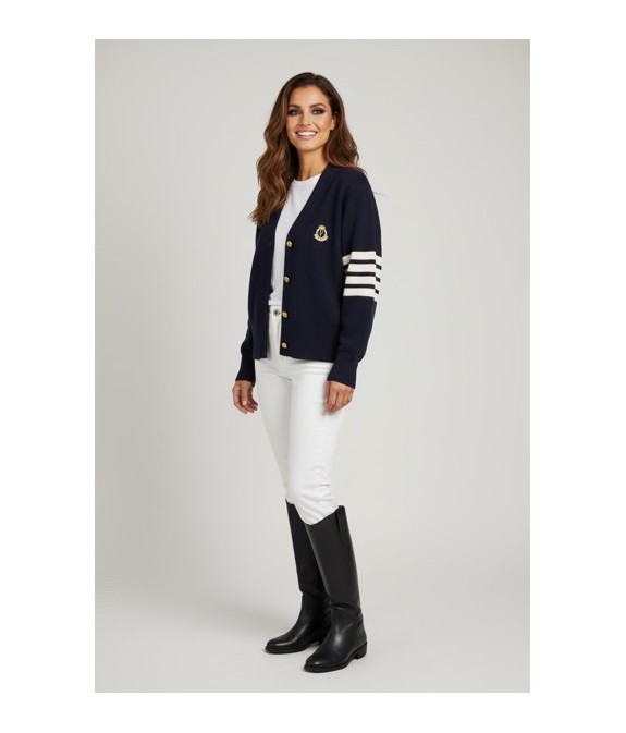 Gilet femme bleu marine – Cardigan chic avec écusson brodé