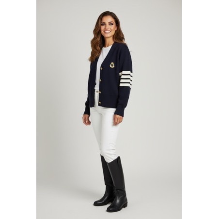 Gilet femme bleu marine – Cardigan chic avec écusson brodé