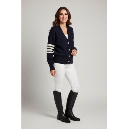 Gilet femme bleu marine – Cardigan chic avec écusson brodé