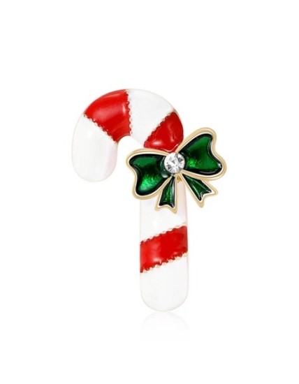 Broche de Noël Canne en Sucre Rouge et Blanche avec Nœud Vert
