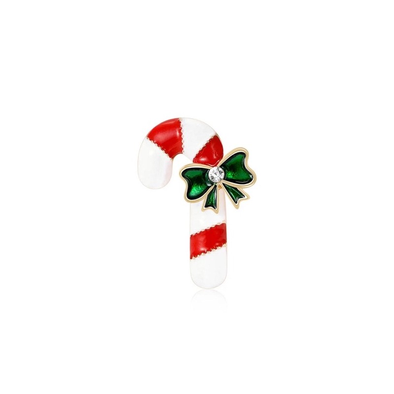 Broche de Noël Canne en Sucre Rouge et Blanche avec Nœud Vert