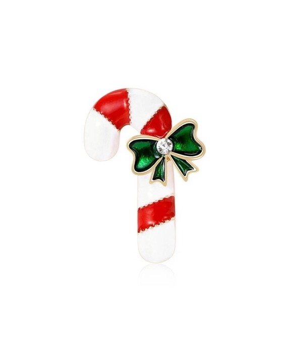 Broche de Noël Canne en Sucre Rouge et Blanche avec Nœud Vert