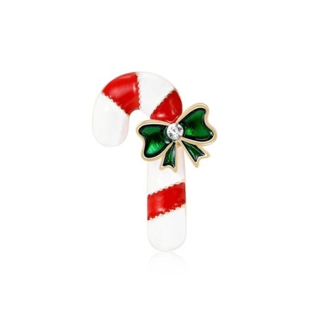 Broche de Noël Canne en Sucre Rouge et Blanche avec Nœud Vert