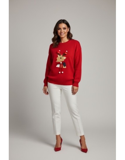 Pull de Noël Femme Rouge – Renne Brodé 3D avec Pompons Festifs