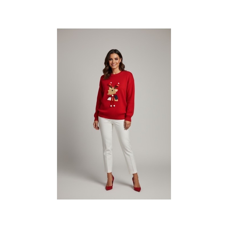 Pull de Noël Femme Rouge – Motif Renne Brodé 3D avec Pompons Pull de Noël Femme Rouge – Motif Renne Brodé 3D avec Pompons