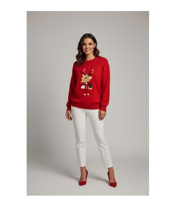 Pull de Noël Femme Rouge – Renne Brodé 3D avec Pompons Festifs