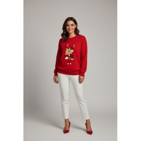Pull de Noël Femme Rouge – Renne Brodé 3D avec Pompons Festifs